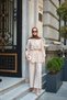 Women's Double Set with Grass Detail on the Front, Shirt and Tie at the Waist, Cream Color