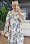 Women's Blue Judge Collar Buttoned Viscose Floral Patterned Hijab Dress Nms099 - 2