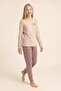 Young Girl's Cotton Crew Neck Printed Long Sleeve Pajama Set 9288 Beige - 3