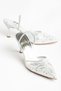 Women's Silver Pearl Stone Embellished Pointed Toe Thin Heeled Tulle Satin Design Evening Dress Shoes - 2