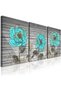 Teal Blue Floral Canvas Wall Art 3 Panels | 30x40cm 12x16 inch Each | Gallery Wrapped Wood Texture Flower Decor