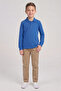 Boy's Cobalt Blue Long Sleeve Polo Collar T-Shirt Beige Ribbed Waist Canvas School Pants Bottom - Top Set School Outfit