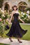 Women's Black Thin Strap Floral Patterned Maxi Event Dress - 5