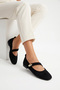 Suede Black Mary Jane Women's Flats, Stylish Buckle Casual Flat Sole Shoes - 2
