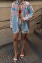 Blue Patterned Oversize Shirt-Pocketed Pleated Detail Gold Belted Women's Top and Bottom Set - 4