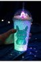Led Lighted Double Layer Drinking Cup with Straw and Kawaii Chibi Cute Rabbit Figure 450 ml Green - 3