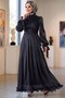 Black Ruffle Detailed Chiffon Evening Dress - Belted Sparkling Fabric Stylish Dress