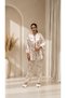 4-Piece Satin Floral Patterned Pajama Set |   Lace Bralet, Shorts, Long Bottom Pajamas and Dressing Gown Bridal Dowry Set - 3