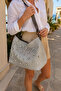 Women's Silver Pearl Detailed Straw Shoulder Bag Large Size Zippered Daily Summer Beach Bag - 2