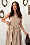 Women's Mink Midi Dress with Floral Embroidery, Belted, Gathered, Lined, A-Line - 3