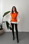 Women's Orange Shirt and Poncho Set with Quilted Pattern, Belted Balloon Sleeves, Two-Piece - 3