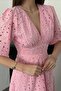 Women's Ecru Ruched Detailed Lace Brode Dress - 4
