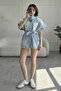 Embroidered Front with Belt Long Light Blue Denim Vest - 4
