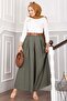 Belt Detailed Pocketed Skirted Trousers Khaki - 4