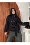 Seasonal Short Trench Coat Jacket with Stand Collar, Belt and Button Detail - 8