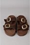 Seç 4206 Double Buckle Genuine Leather Men's Slippers Brown Suede - 3