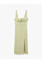 Sleeveless U-Neckline, Lace Detailed, Slit, Linen Blend, A-Line Long Dress