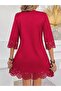 Women's Short Sleeve V-Neck Laser Cut Floral Patterned Short Imported Crepe Dress - 2