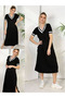 Women's Short-Sleeve V-Neck Midi Length Viscose Dress with Ribbed Sleeves and Collar Detail - 2