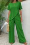 Women's Short Sleeve Crew Neck Asymmetrical Cut Detailed Wrinkled Blouse and Trousers Two-Piece Set - 2