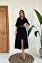 Women's Black Linen Shirt Collar Buttoned Short Sleeve Midi Plain Woven Dress - 2