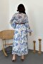 Women's Blue Floral Patterned Ribbed Shirt Collar Buttoned Long Sleeve Midi Dress - 5