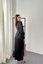 Women's Black Satin Dress Long Sleeve Side Gathered Slit Maxi Event Dress - 5