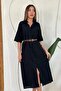 Women's Black Linen Shirt Collar Buttoned Short Sleeve Midi Plain Woven Dress - 3