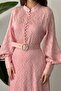 Women's Powder Long Dress with Stand Collar, Belted, Balloon Sleeves, Textured Lining - 4