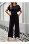 Women's Short Sleeve Round Neck Aerobin Jumpsuit with Elastic Waist and Pockets