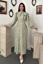 Women's Green Scarf Collar Floral Patterned Balloon Sleeve Lined Midi Dress - 2