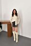 Women's Beige Jacquard Textured Long Sleeve Buttoned Shirt Collar Shirt - 3