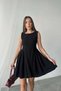 Women's Black Sleeveless Boat Neck Gathered Flared Skirt Mini Linen Dress - 3