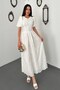 Women's Ecru Embroidered Balloon Sleeve Gathered Lined Long Cotton Dress