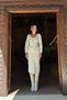 Women's Ecru Midi Pencil Dress Wide U-Neck Chain Detailed Balloon Sleeves Slit - 2