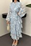 Women's Baby Blue Dress Layered Flounce Floral Patterned Belted Buttoned High Neck Midi - 4