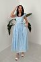 Women's Blue Brode Embroidered Square Neck Ruffle Sleeve Belted Midi Dress - 2