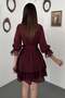 Women's Burgundy Mini Shirt Collar Buttoned Belted Lace Detailed Flared Dress - 5