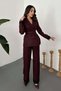 Women's Burgundy Top and Bottom Set with Belt, Lace Detail, Double-Breasted Jacket, Wide-Leg Pants Set - 2