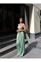 Women's White Strapless Maxi Satin Dress with Tulle Shawl and Bow Detail - 5