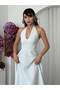 Women's Blue Glitter Halter Neck Tie Back Low Cut Jacquard Midi Evening Dress - 4