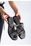 Gold Women's Slippers Short Flat Heel Black Strapped Casual Flip Flops with Gold Accessory Detail - 3
