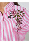 Pink Striped Floral Embroidery Long Sleeve Oversized Shirt - 5