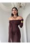 Women's Coffee Color Long Boat Neck Draped Dress with Tie Detail and Long Sleeves - 3