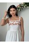 Women's White Midi Dress Embroidered Square Collar Strappy Linen A-Line - 5