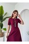Women's Burgundy Midi Dress with Stone Bow Detail, Crew Neck, Short Sleeves - 4