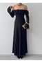 Women's Black Midi Dress Strapless Collar Flounce Chiffon Sleeves Lace Detail - 2