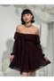 Women's Coffee Mini Dress Chiffon Boat Neck Balloon Sleeves Gathered Flounces - 5