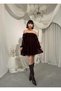 Women's Coffee Mini Dress Chiffon Boat Neck Balloon Sleeves Gathered Flounces - 4