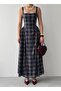 Women's Navy Blue Plaid Strappy Square Neck Fitted Waist Midi Length Flared Dress - 2